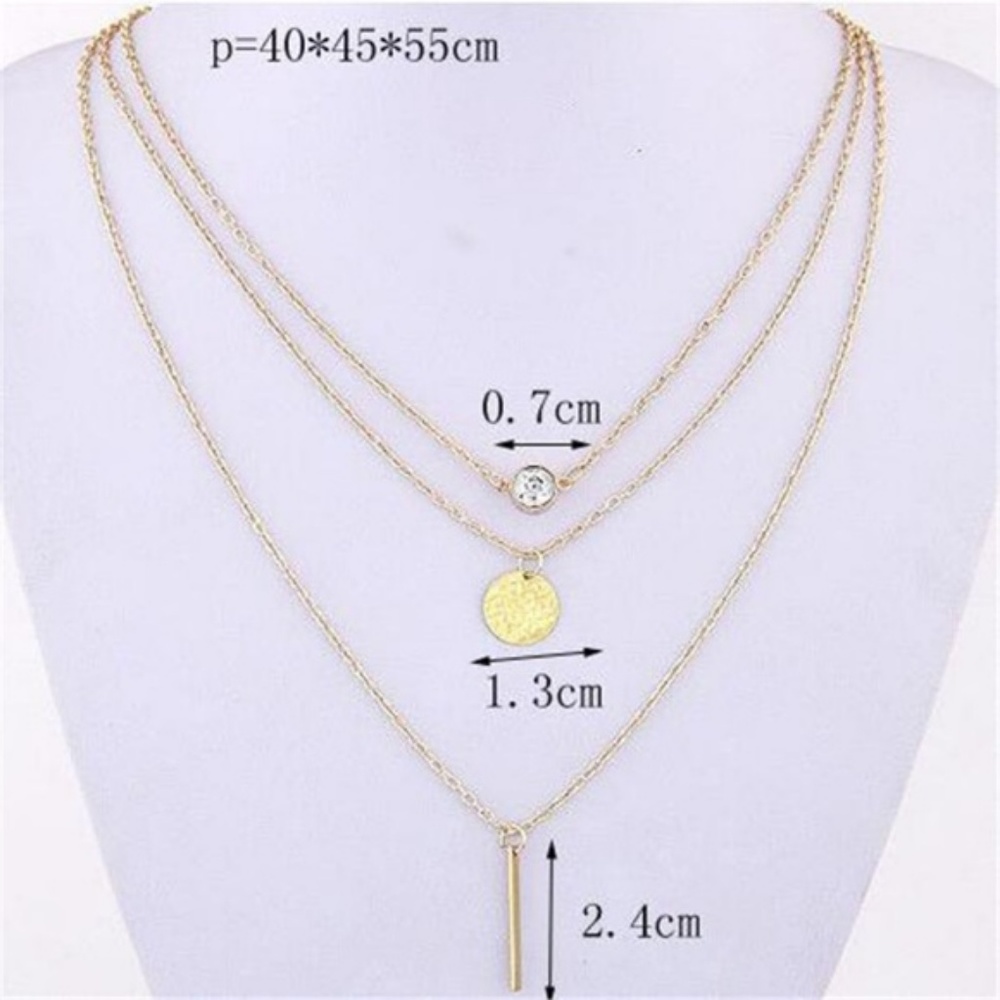 Boho Gold Layered Chain Crystal Coin Bar Necklace - Picture 2 of 7